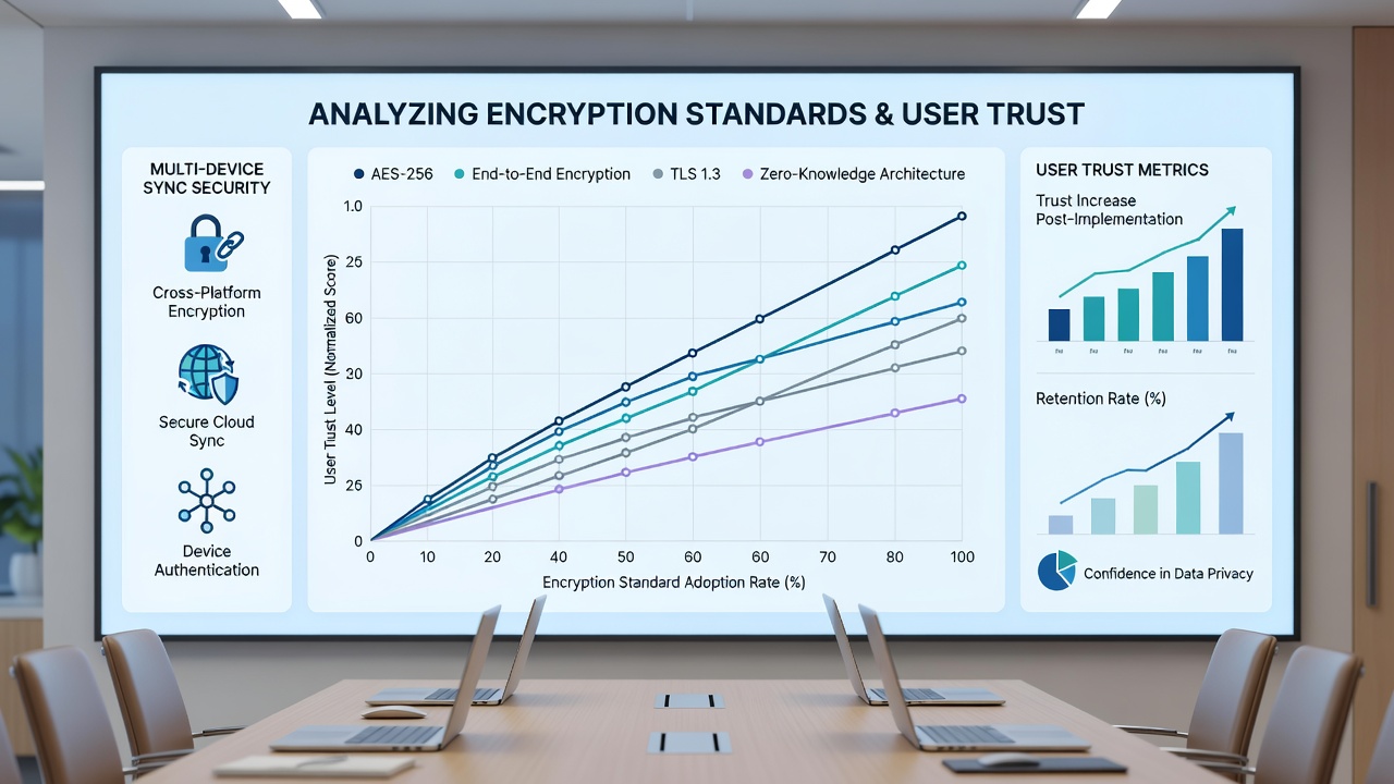 Infographic illustrating user trust levels before and after encryption standard updates in note apps