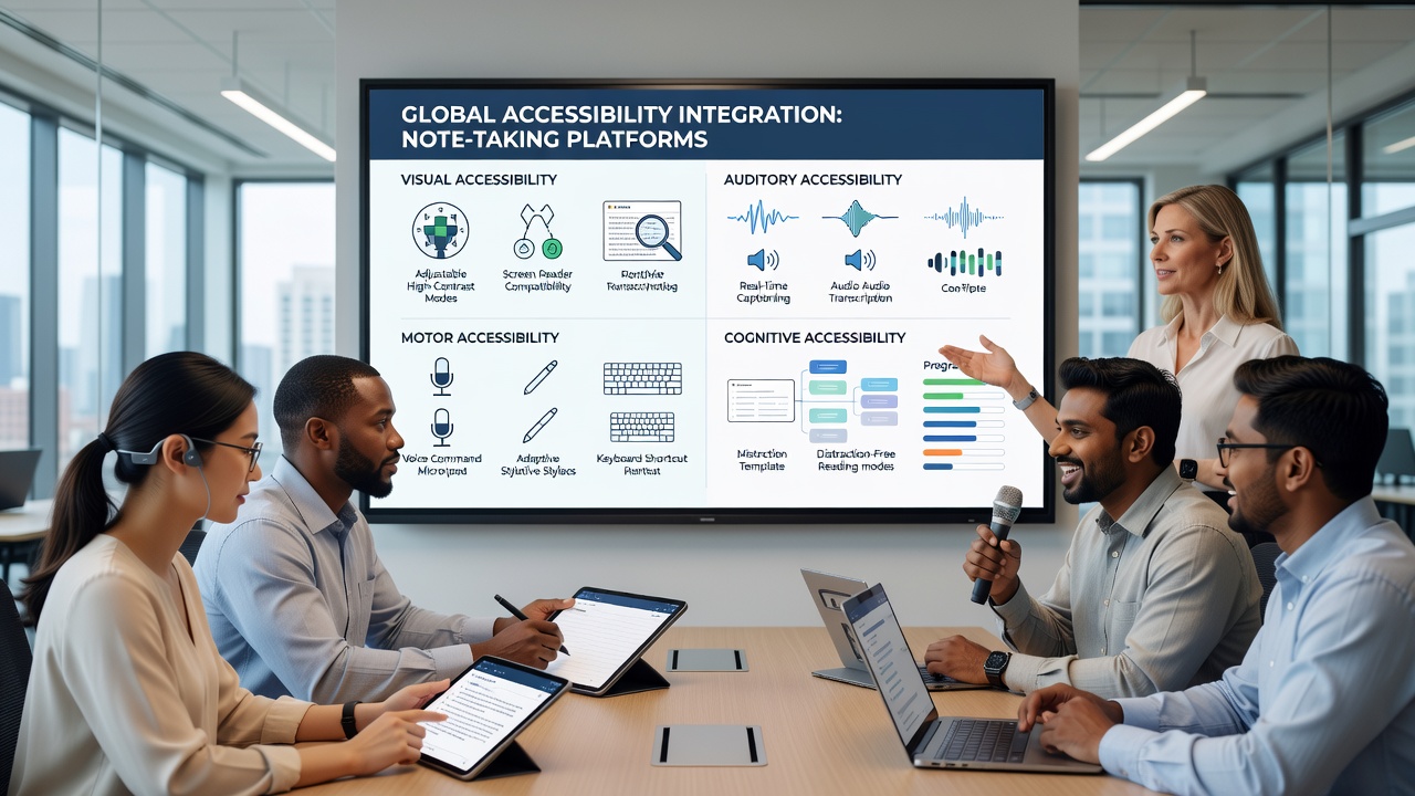 Global users collaborating on accessible notes with multilingual interface elements visible